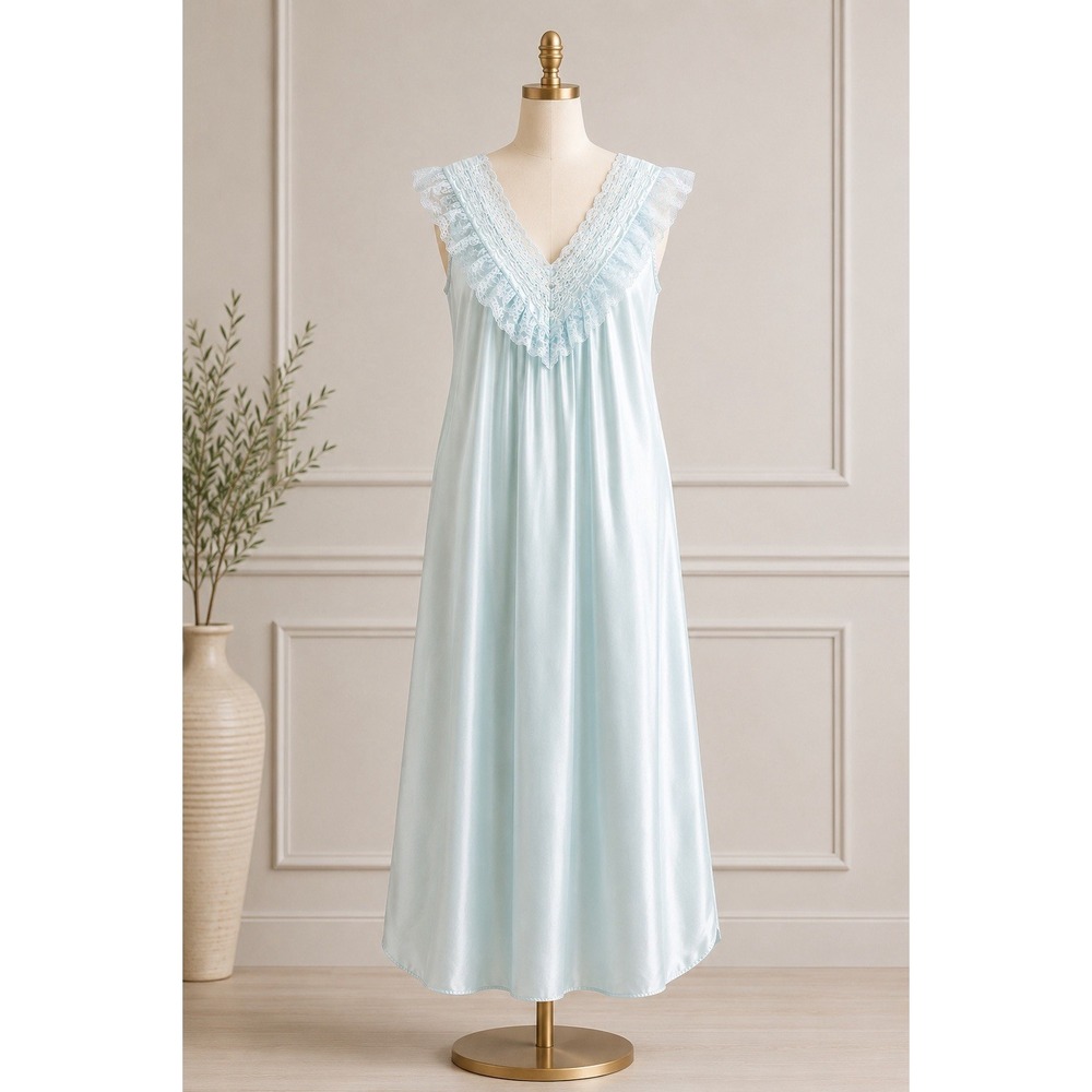 VTG Stardust Blue Lace Nightgown Nylon Sleeveless Maxi Romantic Lingerie USA XL